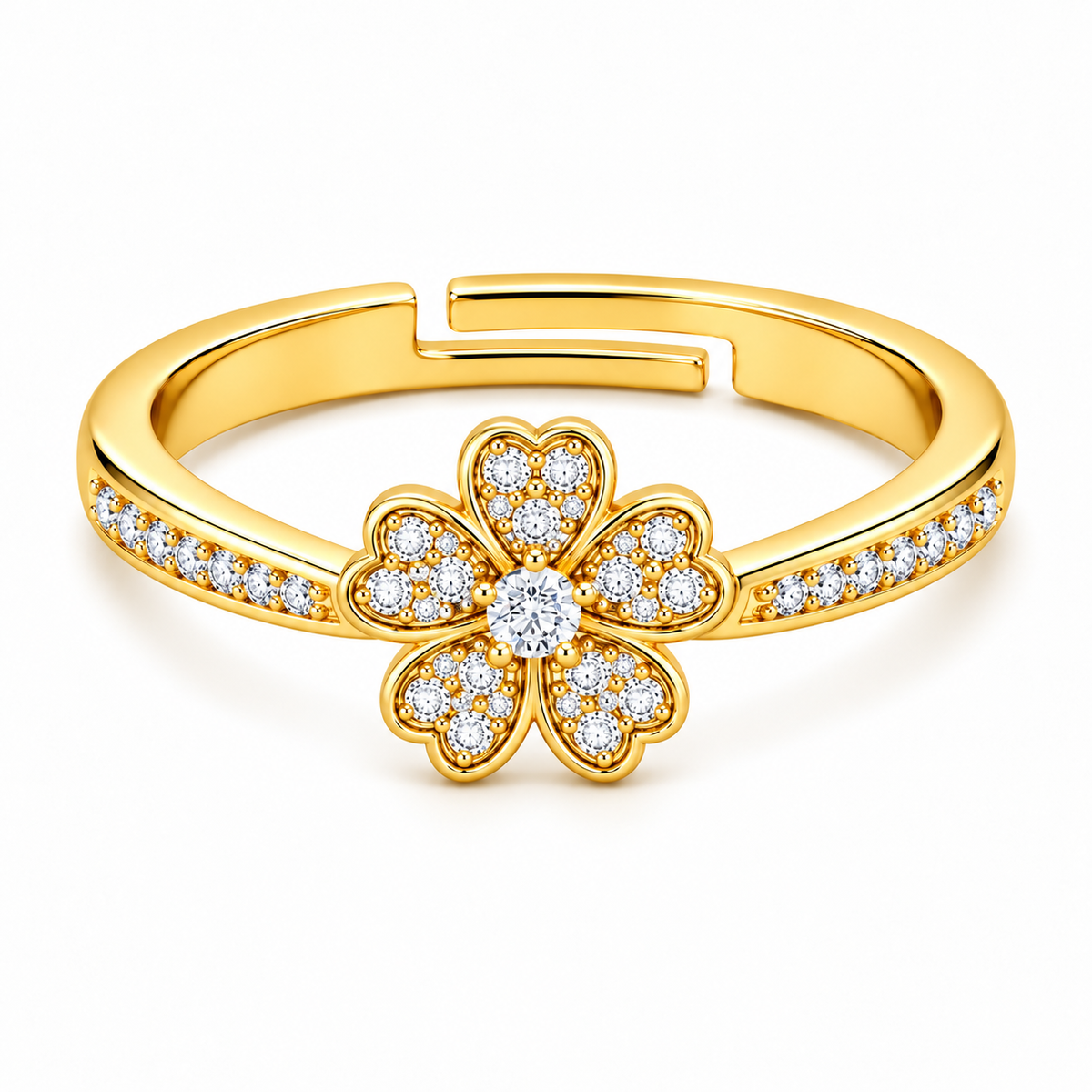Four-Leaf Clover Adjustable Pave Crystal Lucky Charm Ring for Women - 925 Sterling Silver