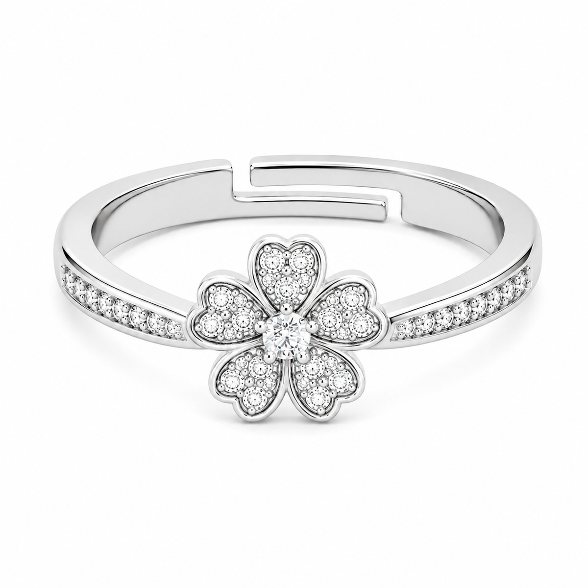 Four-Leaf Clover Ring - Adjustable Pave Crystal Lucky Charm Ring