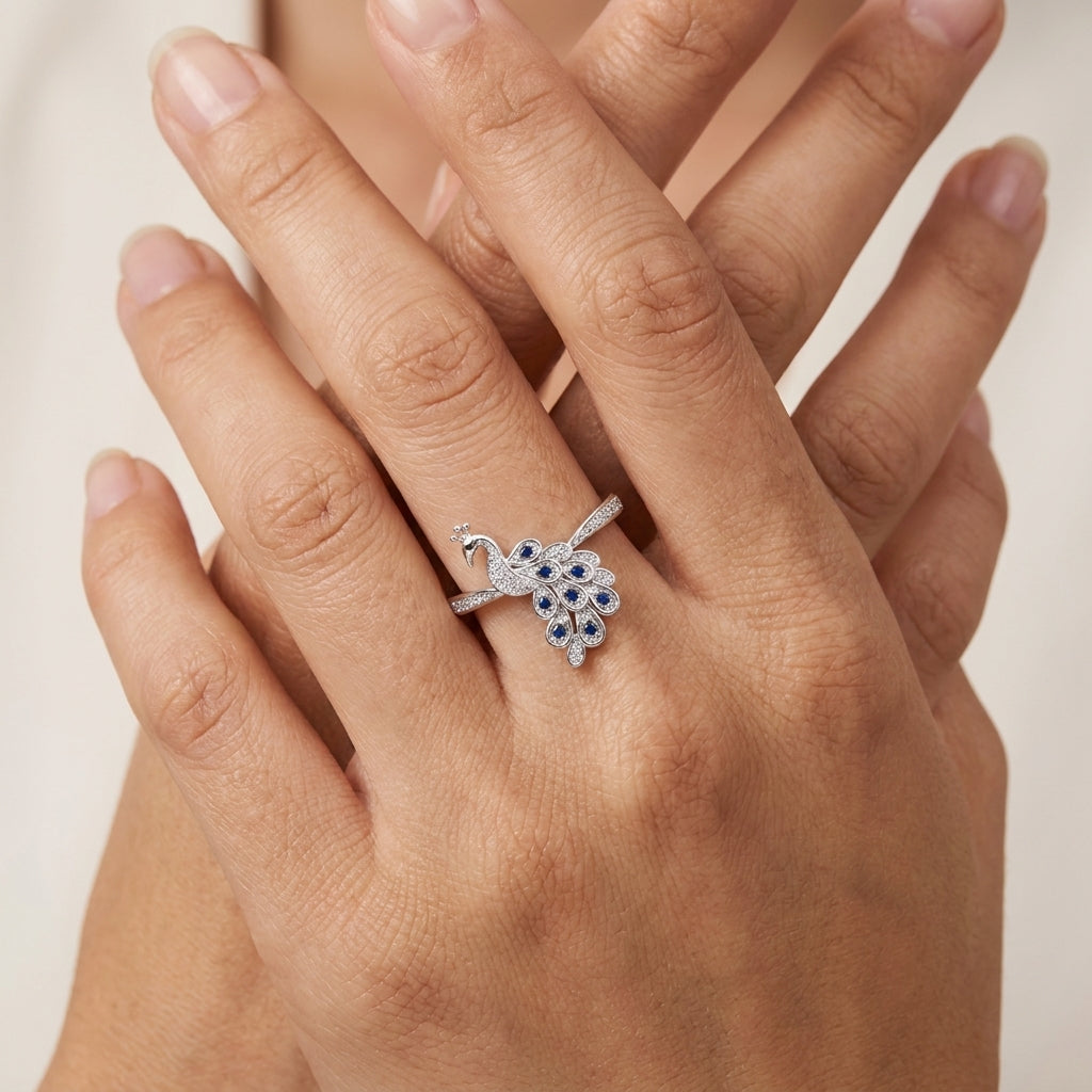 Peacock Ring - Blue Crystal Pave Adjustable Statement Ring