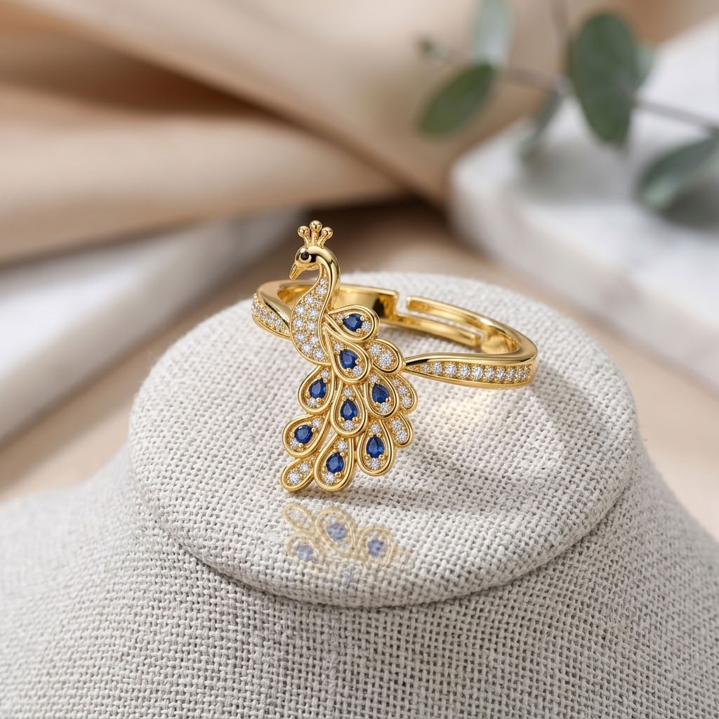 Peacock Blue Crystal Pave Adjustable Statement Ring for Women - 925 Sterling Silver
