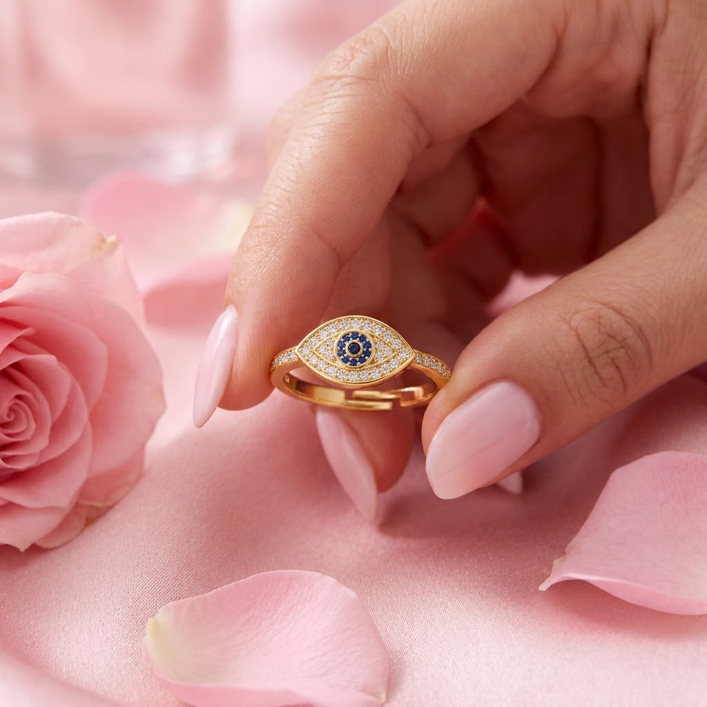 Evil Eye Blue Crystal Pave Adjustable Protection Ring for Women - 925 Sterling Silver