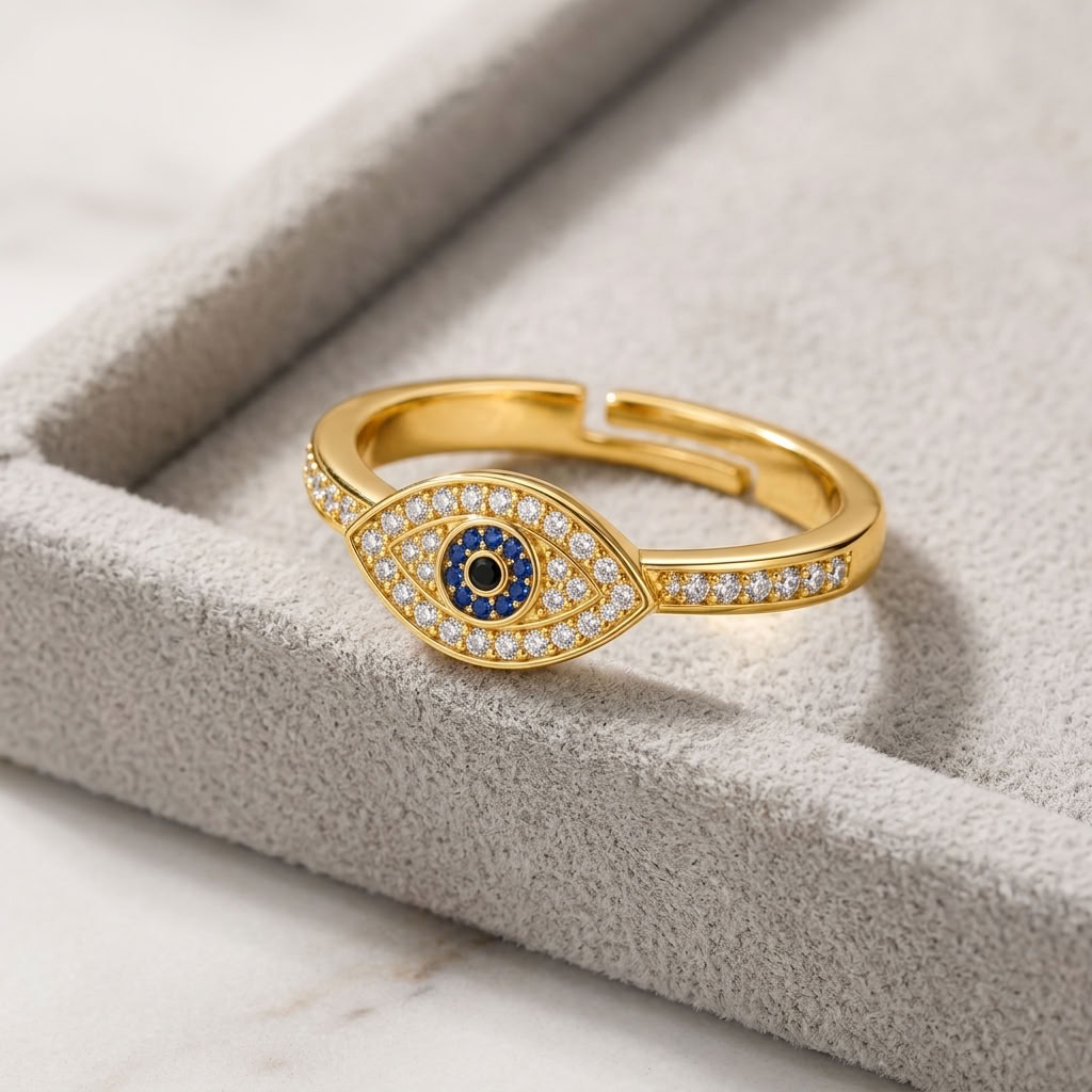 Evil Eye Blue Crystal Pave Adjustable Protection Ring for Women - 925 Sterling Silver