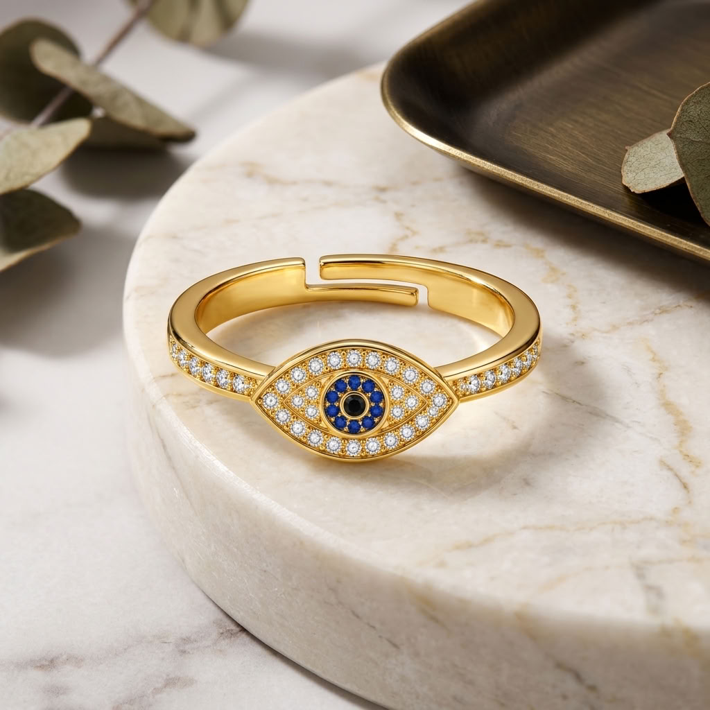 Evil Eye Blue Crystal Pave Adjustable Protection Ring for Women - 925 Sterling Silver