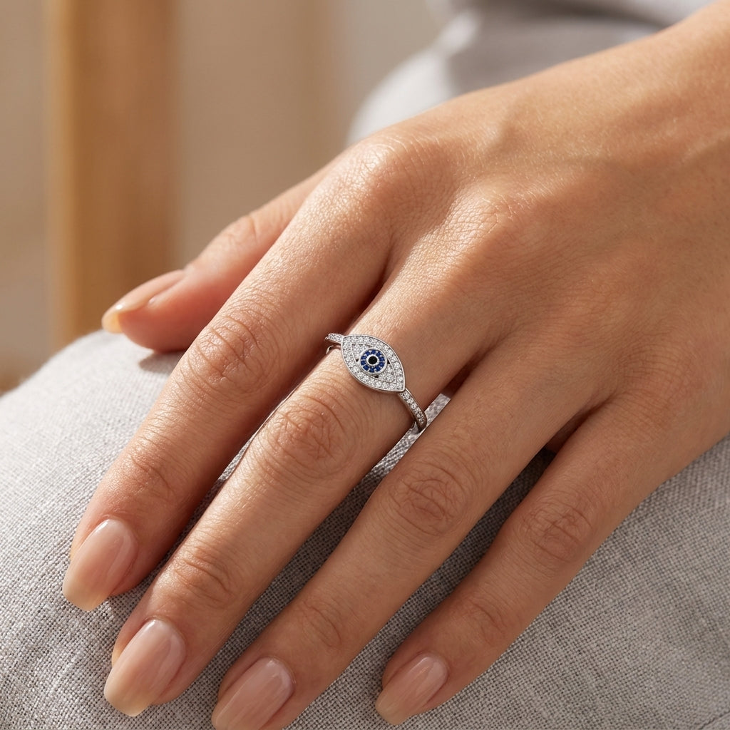 Evil Eye Ring - Blue Crystal Pave Adjustable Protection Ring