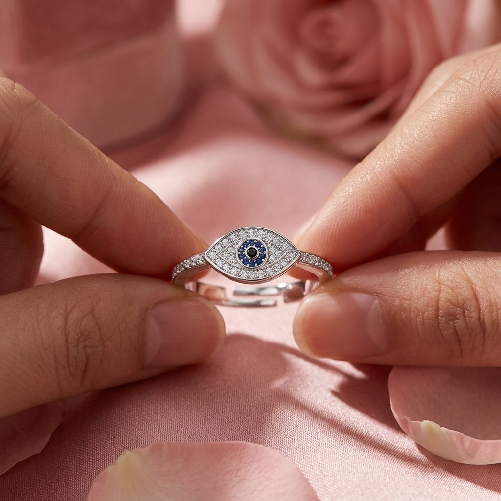 Evil Eye Ring - Blue Crystal Pave Adjustable Protection Ring