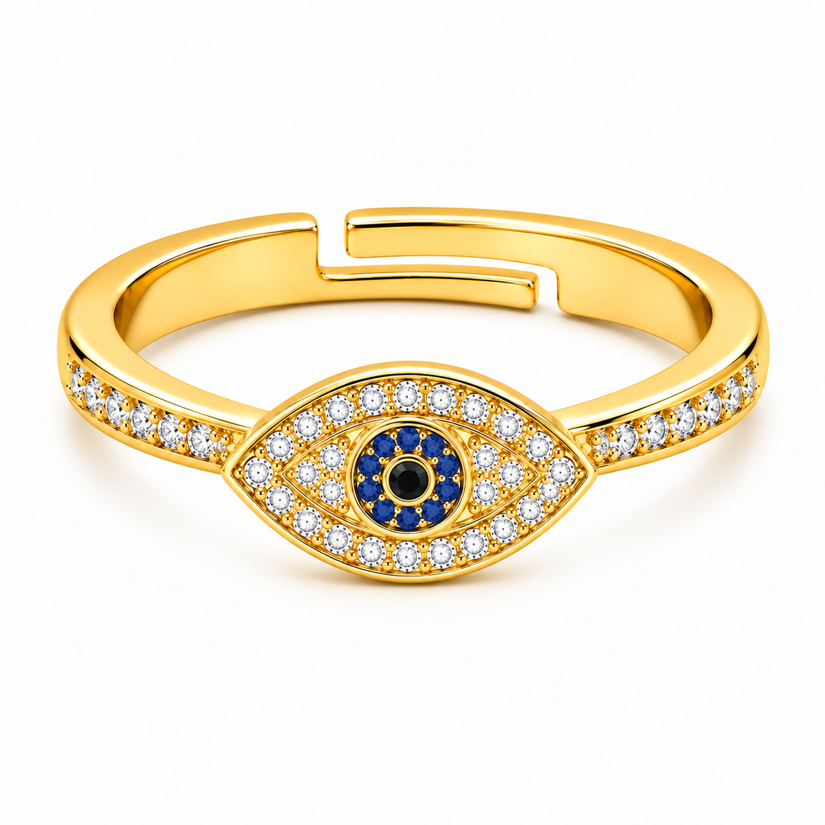 Evil Eye Blue Crystal Pave Adjustable Protection Ring for Women - 925 Sterling Silver