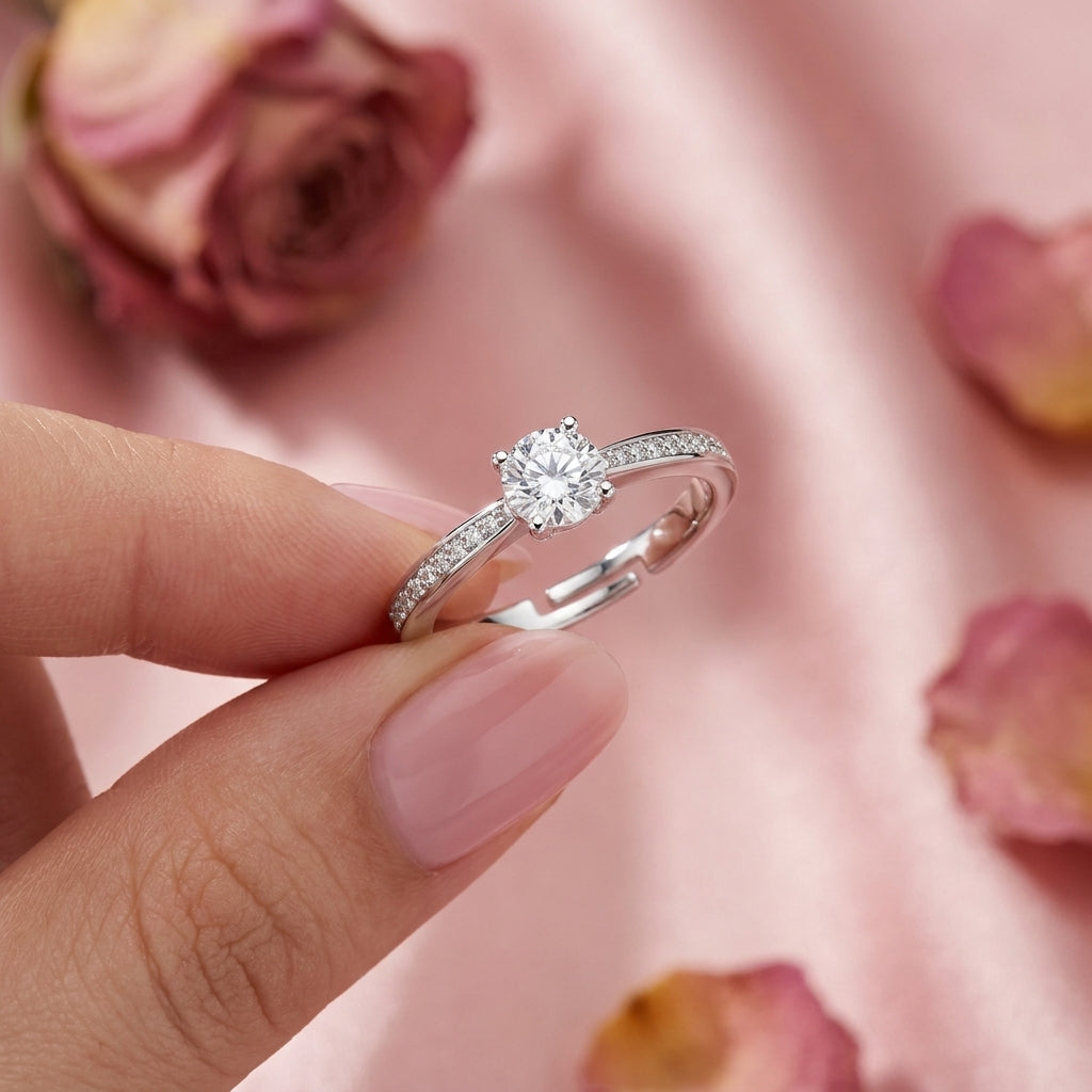 Solitaire Ring - Adjustable Round-Cut Cubic Zirconia Ring