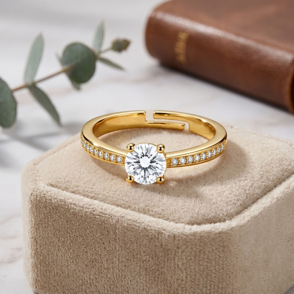 Solitaire Adjustable Round-Cut Cubic Zirconia Ring for Women - 925 Sterling Silver