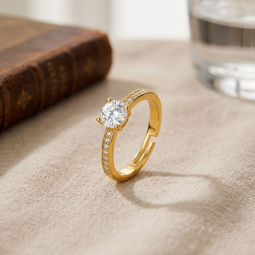 Solitaire Adjustable Round-Cut Cubic Zirconia Ring for Women - 925 Sterling Silver