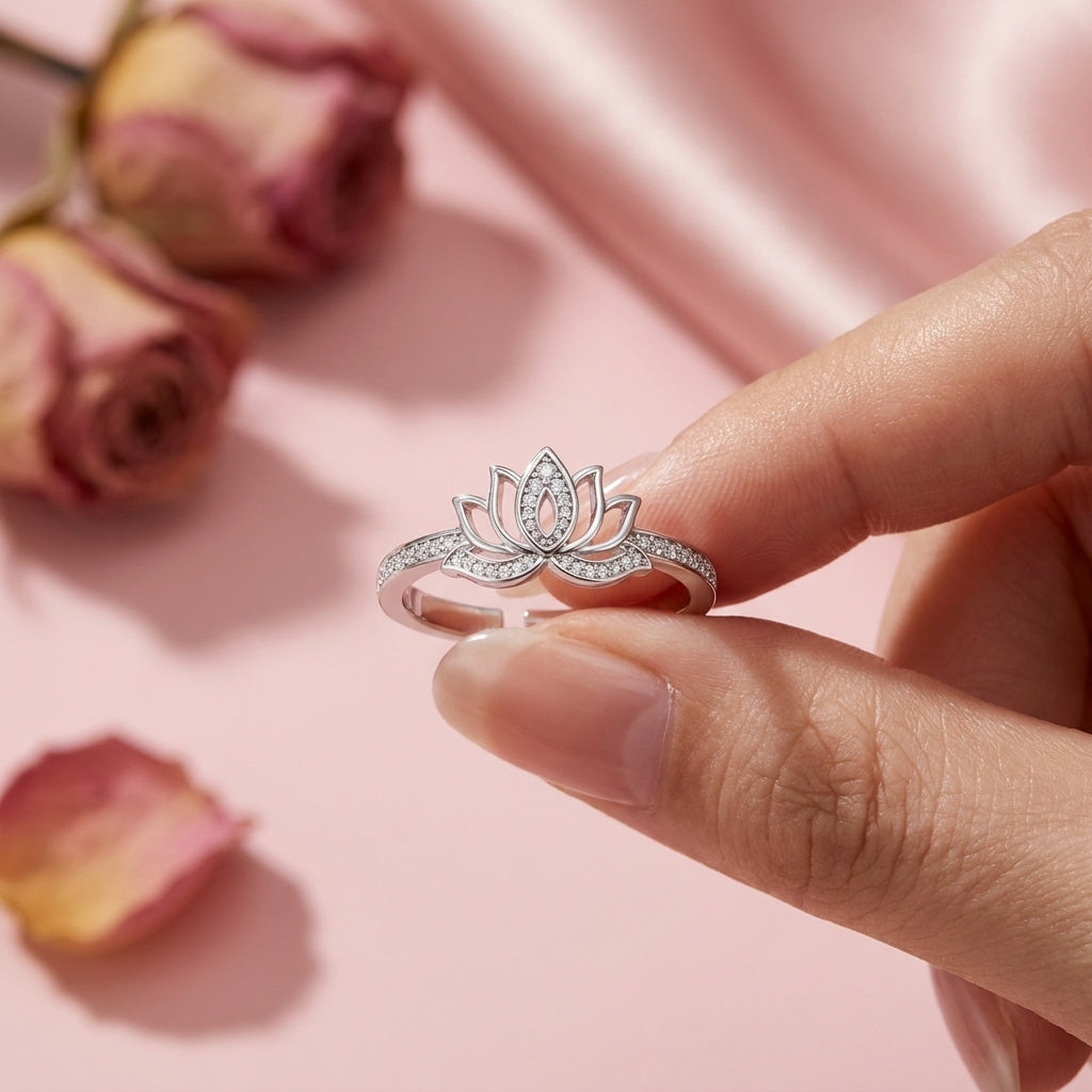 Lotus Flower Ring - Adjustable Pave Crystal Open Lotus Ring