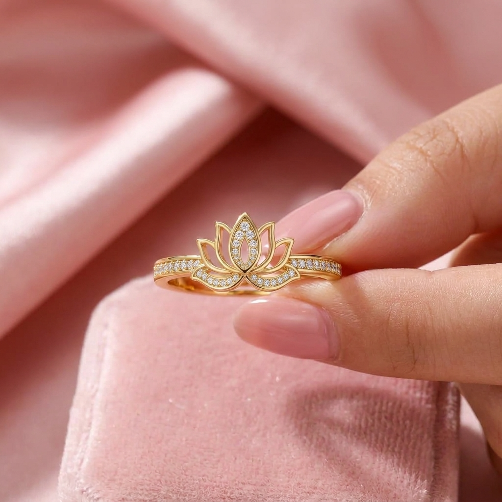 Lotus Flower Adjustable Pave Crystal Open Lotus Ring for Women - 925 Sterling Silver