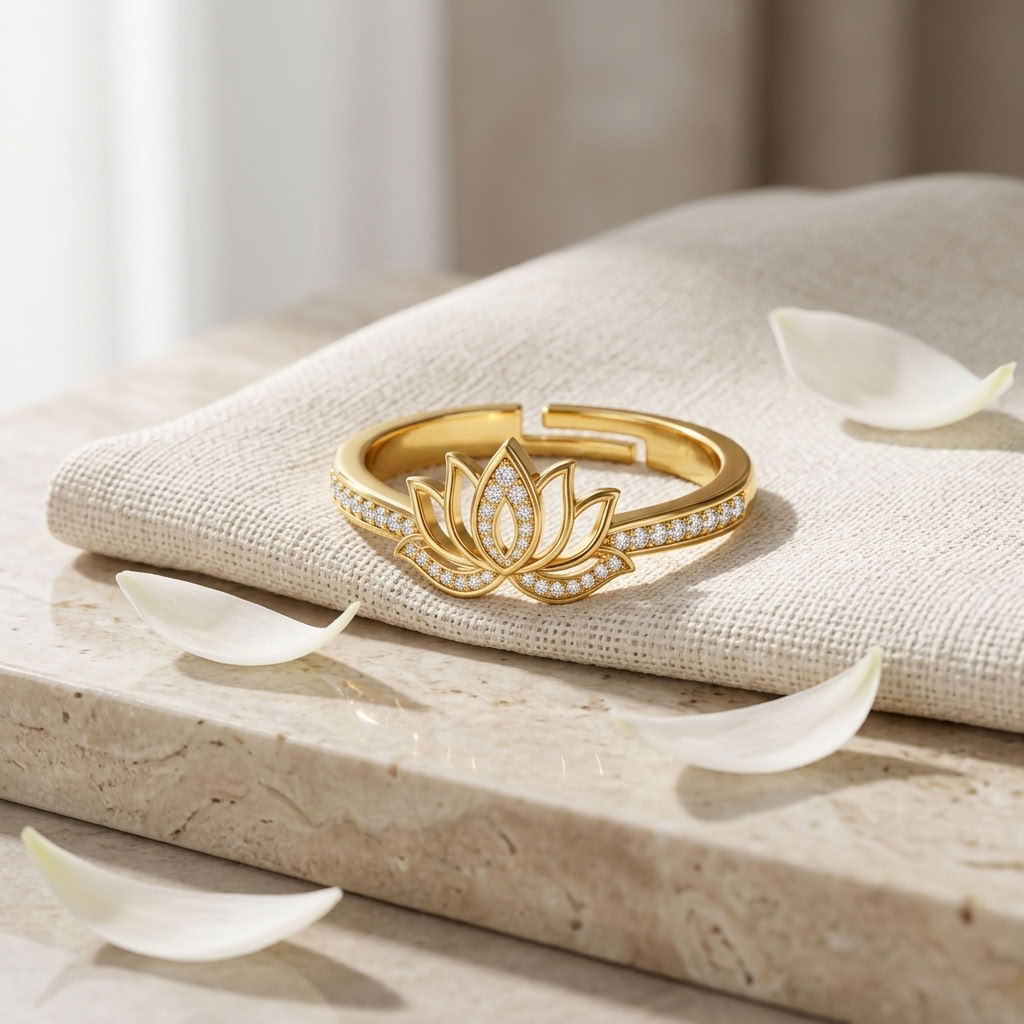 Lotus Flower Adjustable Pave Crystal Open Lotus Ring for Women - 925 Sterling Silver