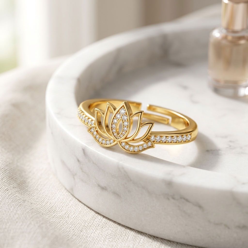Lotus Flower Adjustable Pave Crystal Open Lotus Ring for Women - 925 Sterling Silver