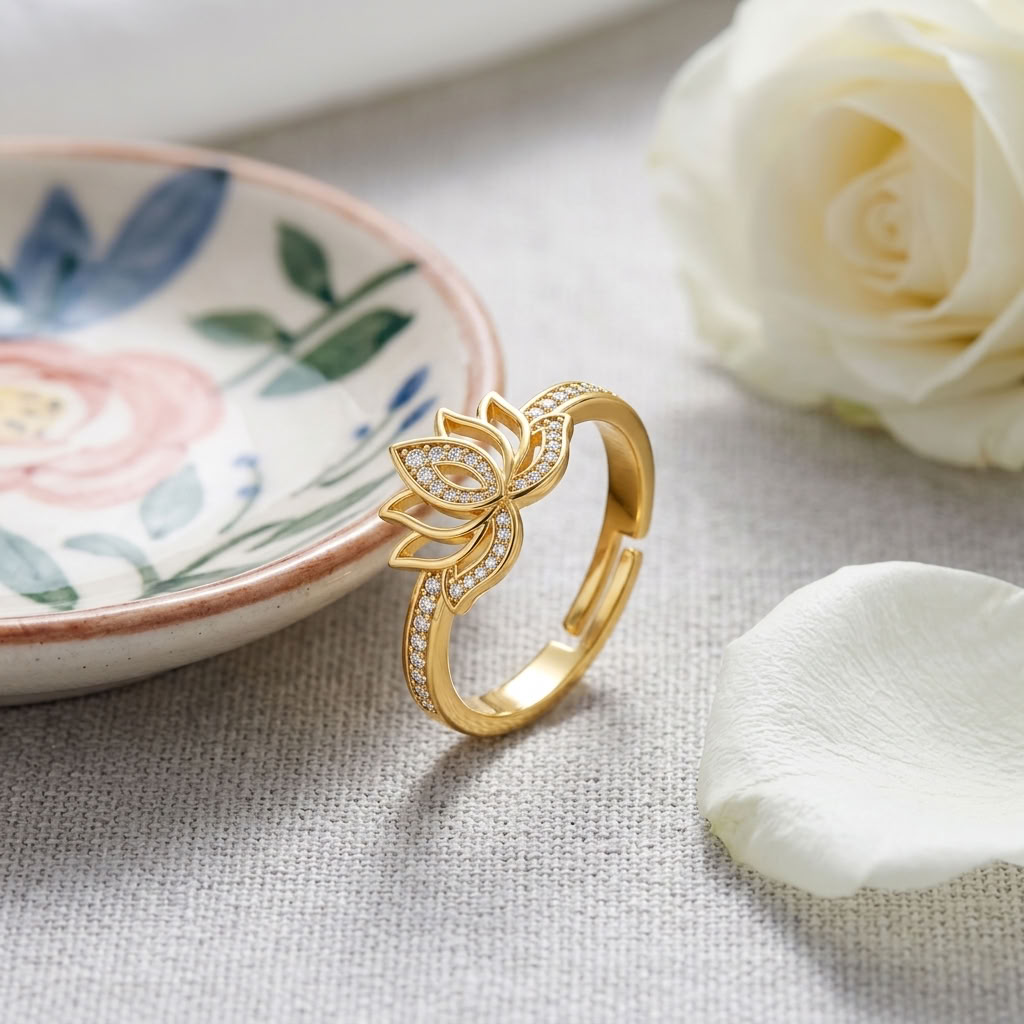 Lotus Flower Adjustable Pave Crystal Open Lotus Ring for Women - 925 Sterling Silver