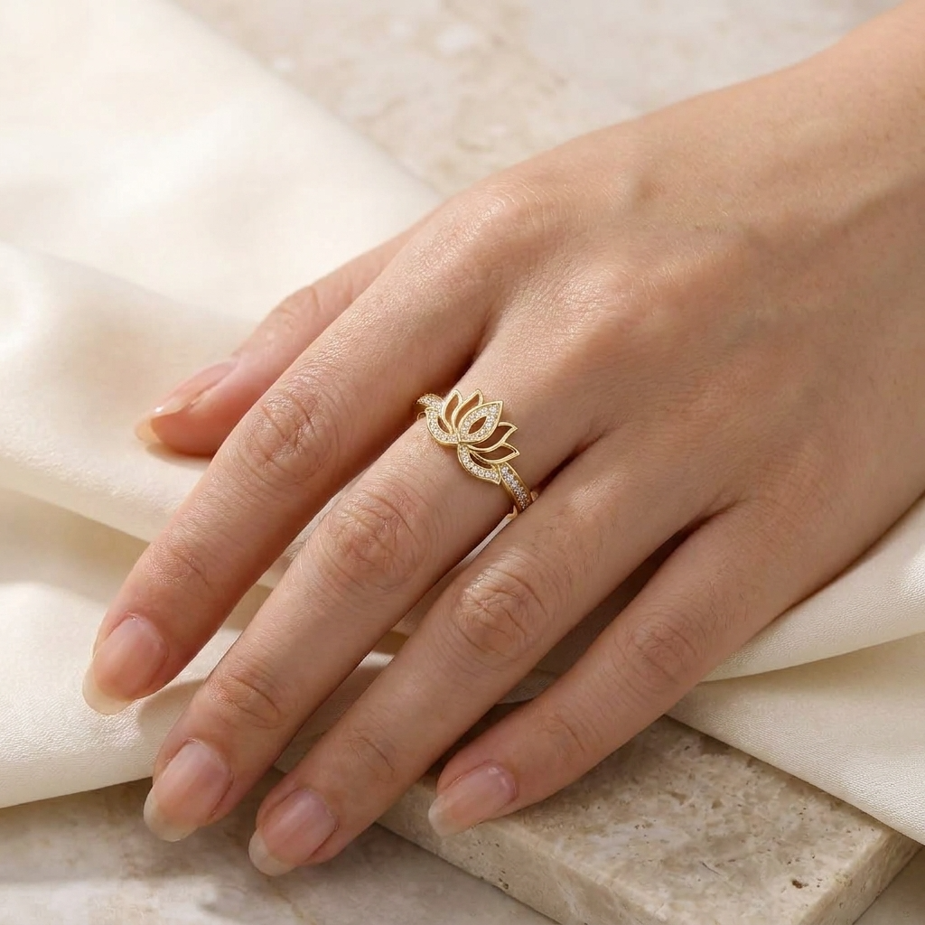 Lotus Flower Adjustable Pave Crystal Open Lotus Ring for Women - 925 Sterling Silver
