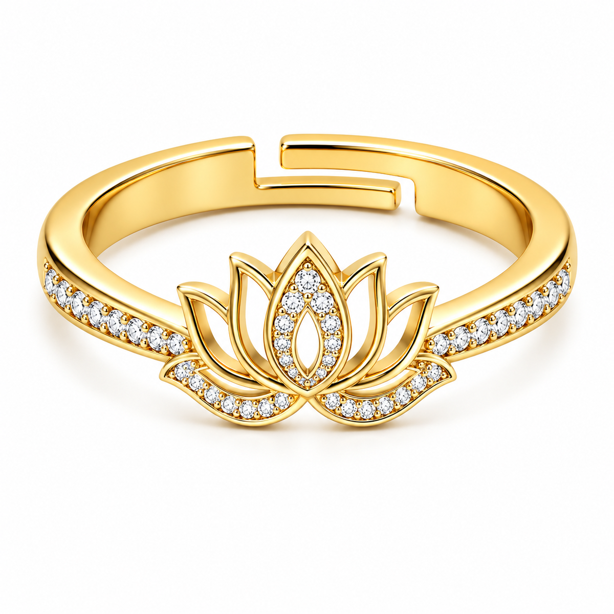 Lotus Flower Adjustable Pave Crystal Open Lotus Ring for Women - 925 Sterling Silver