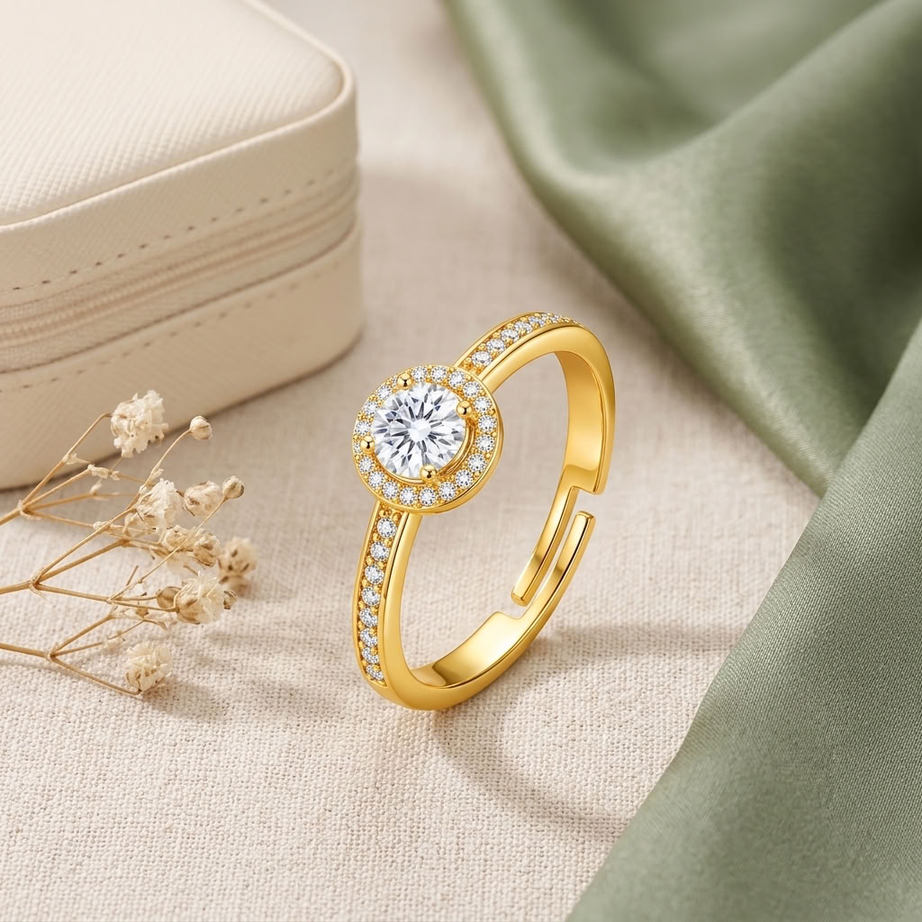 Halo Adjustable Round Cubic Zirconia Halo Ring for Women - 925 Sterling Silver