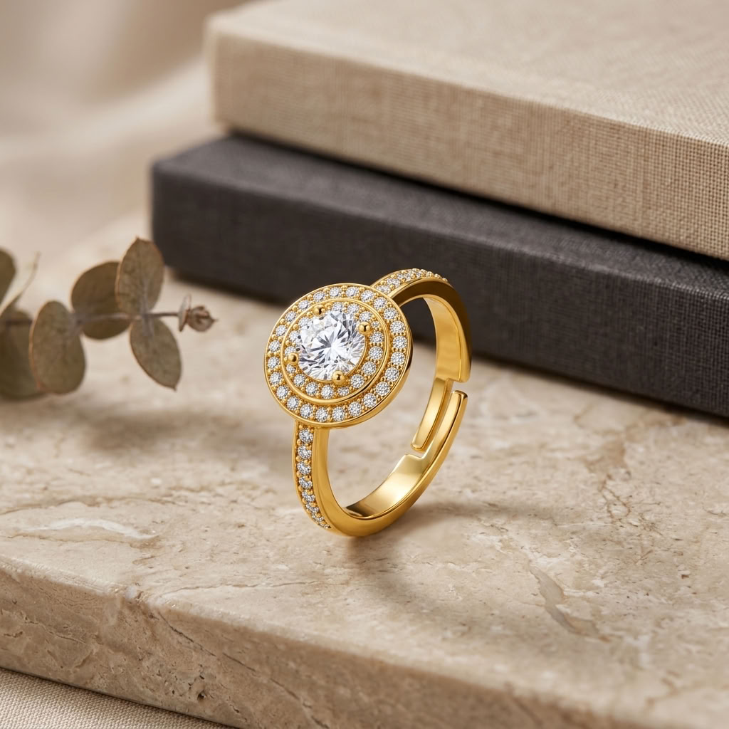 Double Halo Adjustable Pave Crystal Statement Ring for Women - 925 Sterling Silver