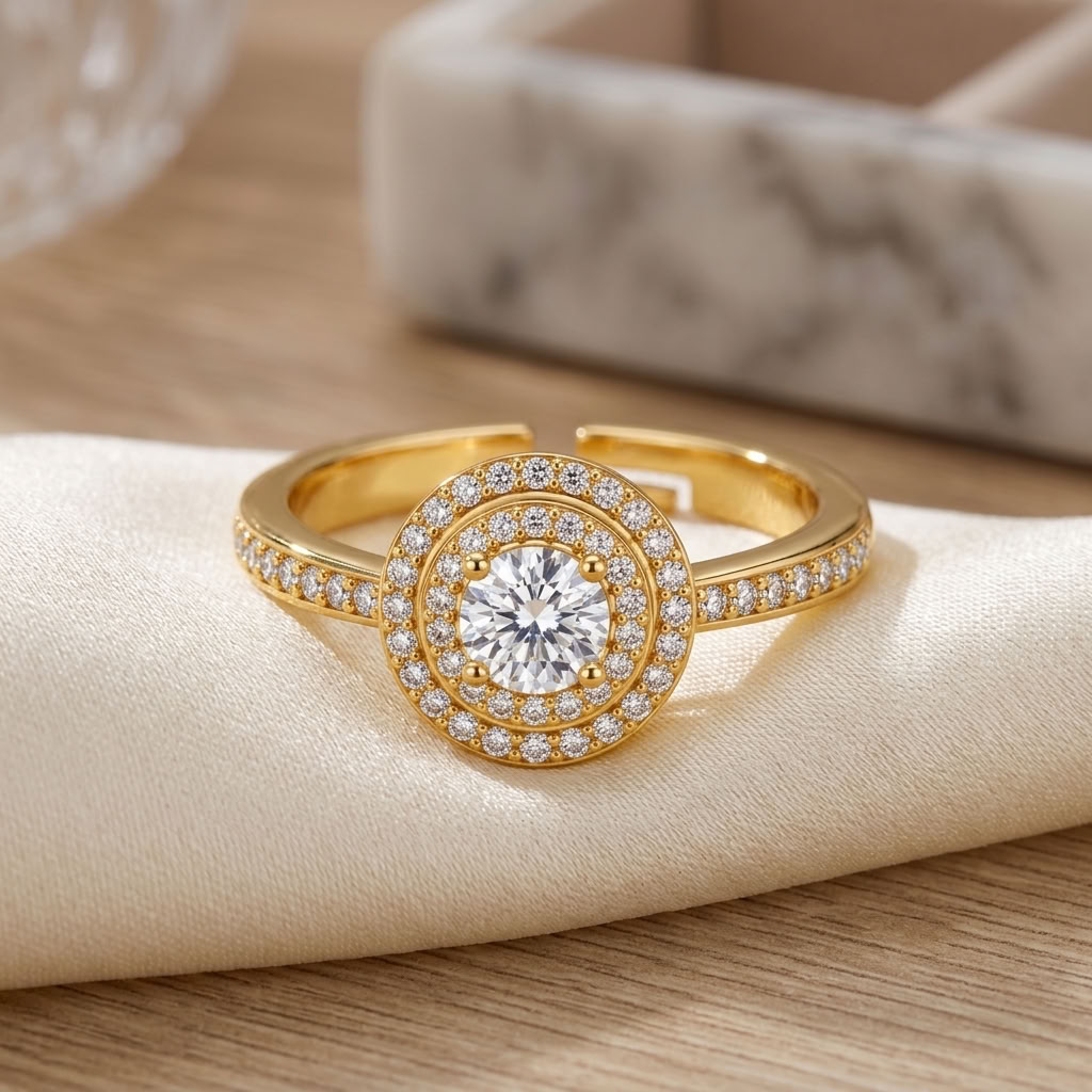 Double Halo Adjustable Pave Crystal Statement Ring for Women - 925 Sterling Silver