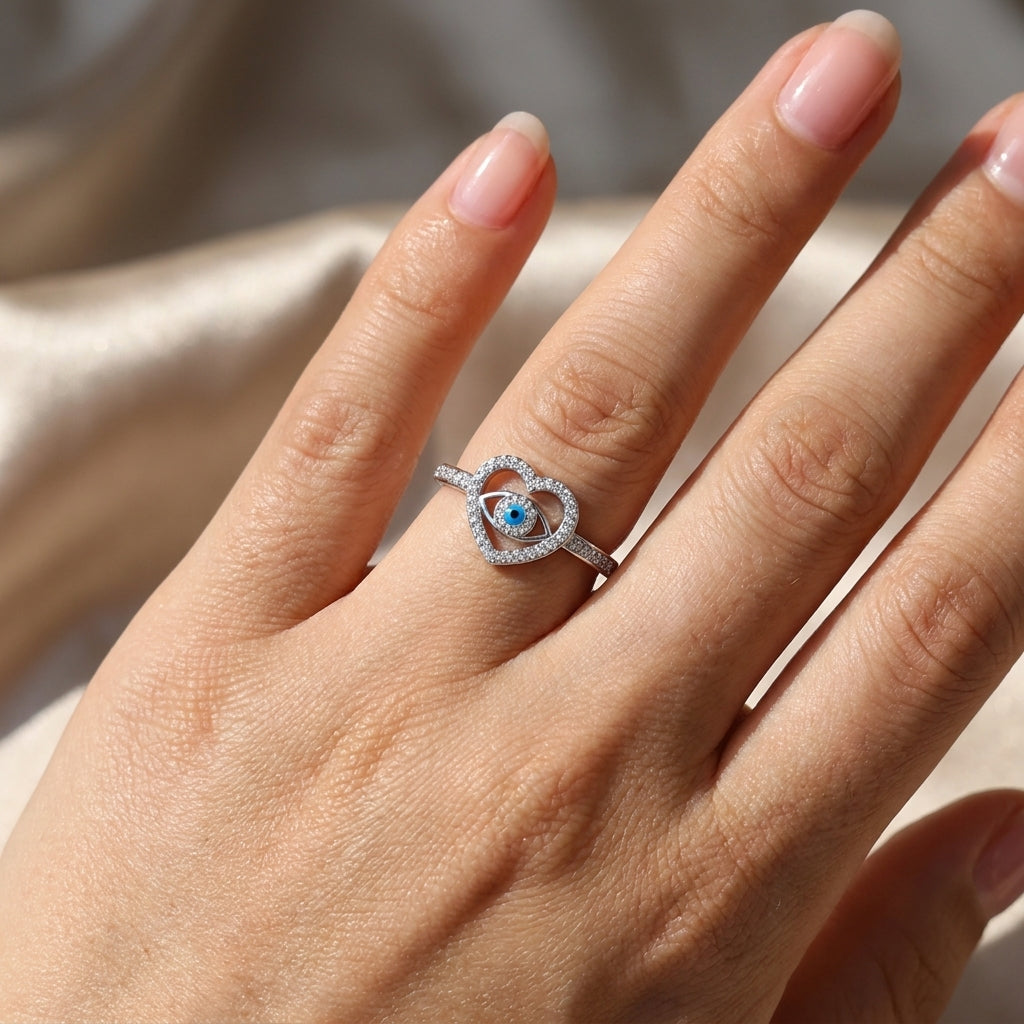 Heart Evil Eye Ring - Blue Crystal Pave Adjustable Ring
