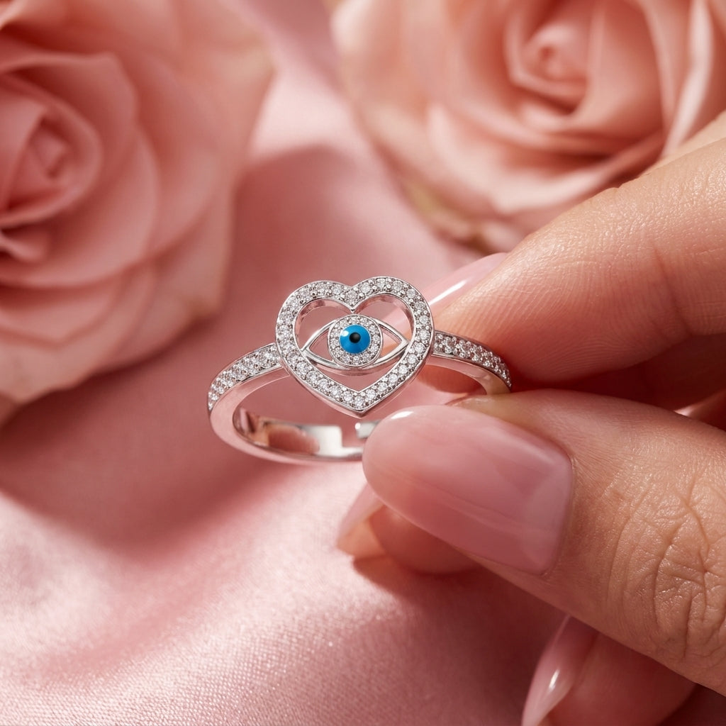 Heart Evil Eye Ring - Blue Crystal Pave Adjustable Ring