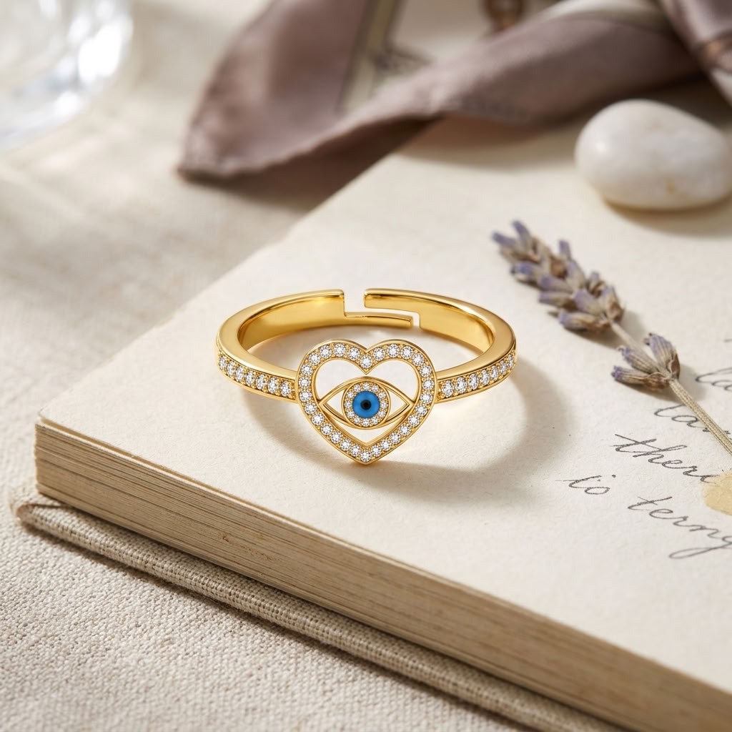 Heart Evil Eye Blue Crystal Pave Adjustable Ring for Women - 925 Sterling Silver