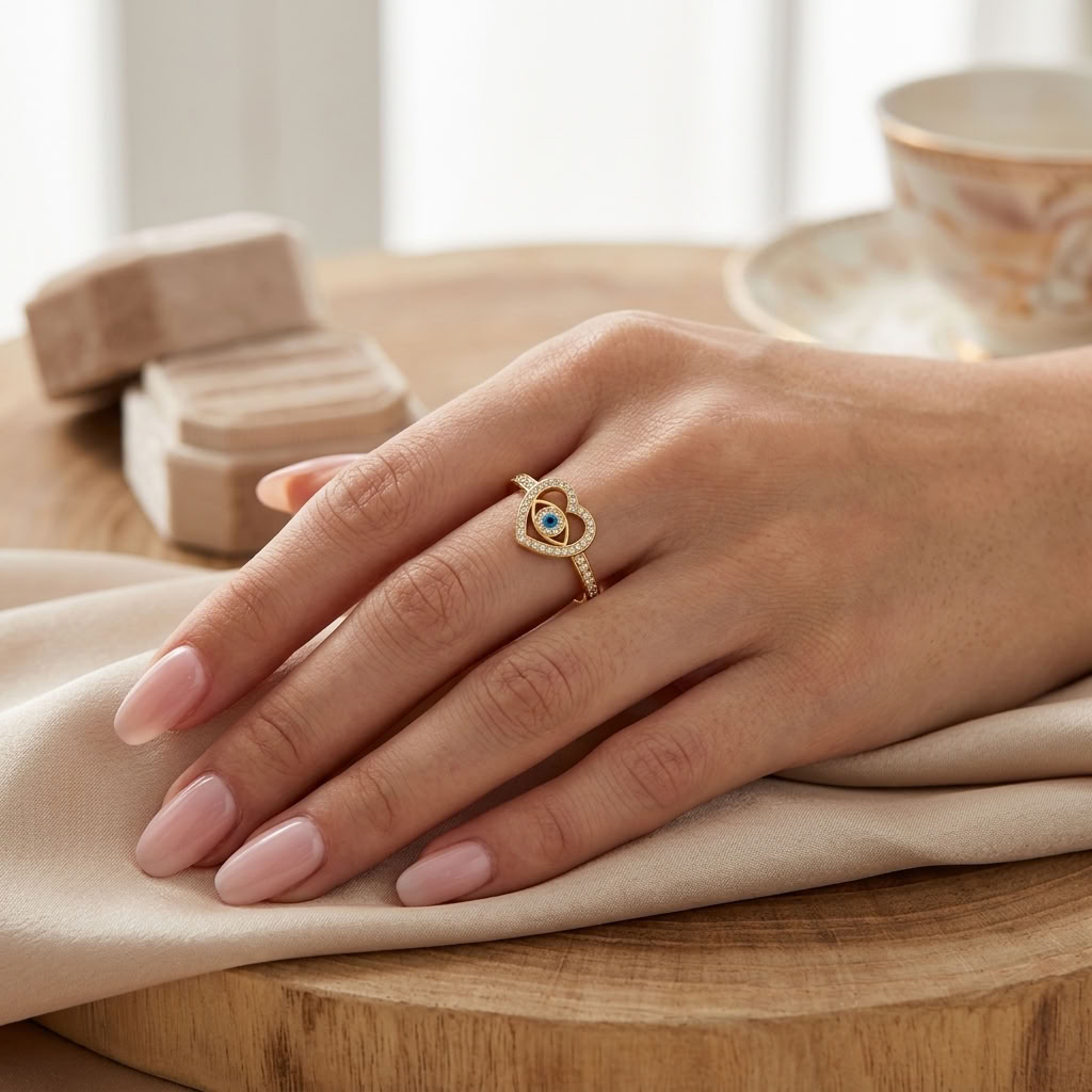 Heart Evil Eye Blue Crystal Pave Adjustable Ring for Women - 925 Sterling Silver