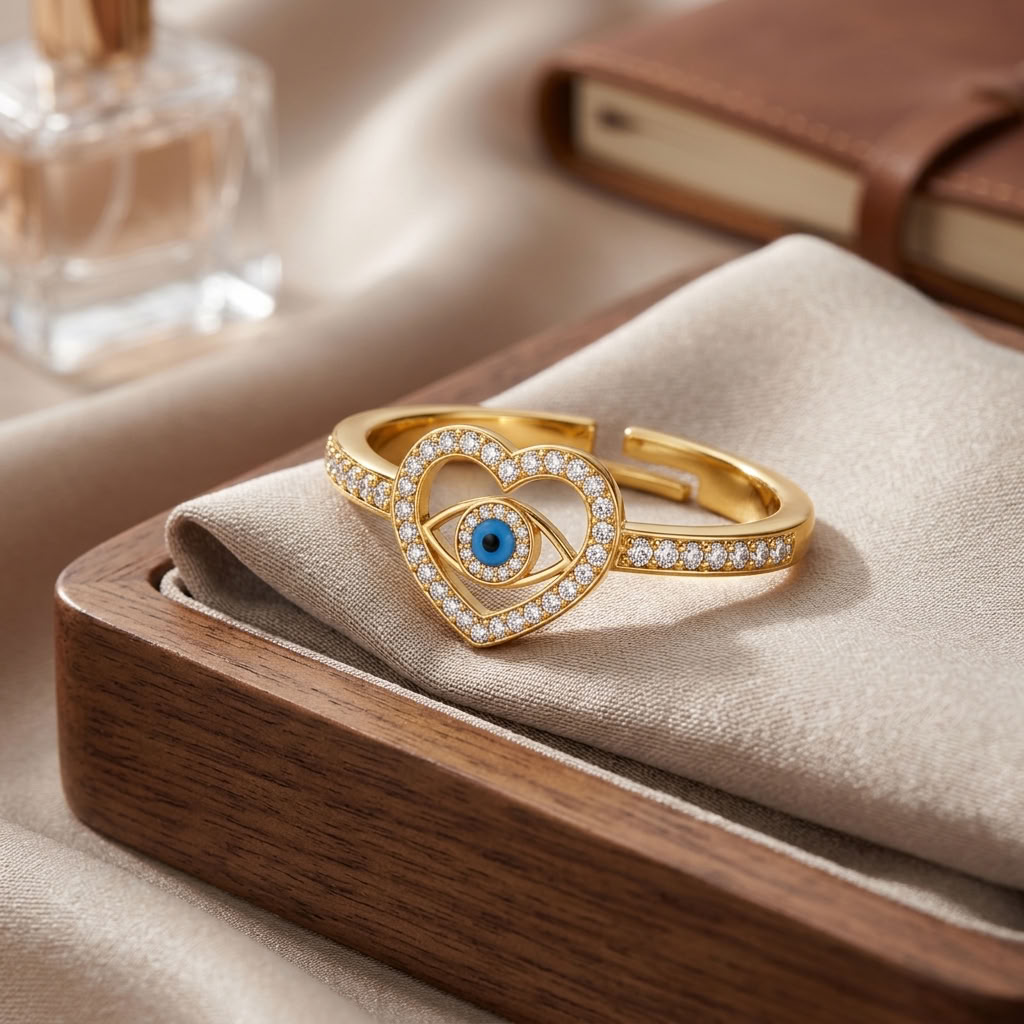 Heart Evil Eye Blue Crystal Pave Adjustable Ring for Women - 925 Sterling Silver
