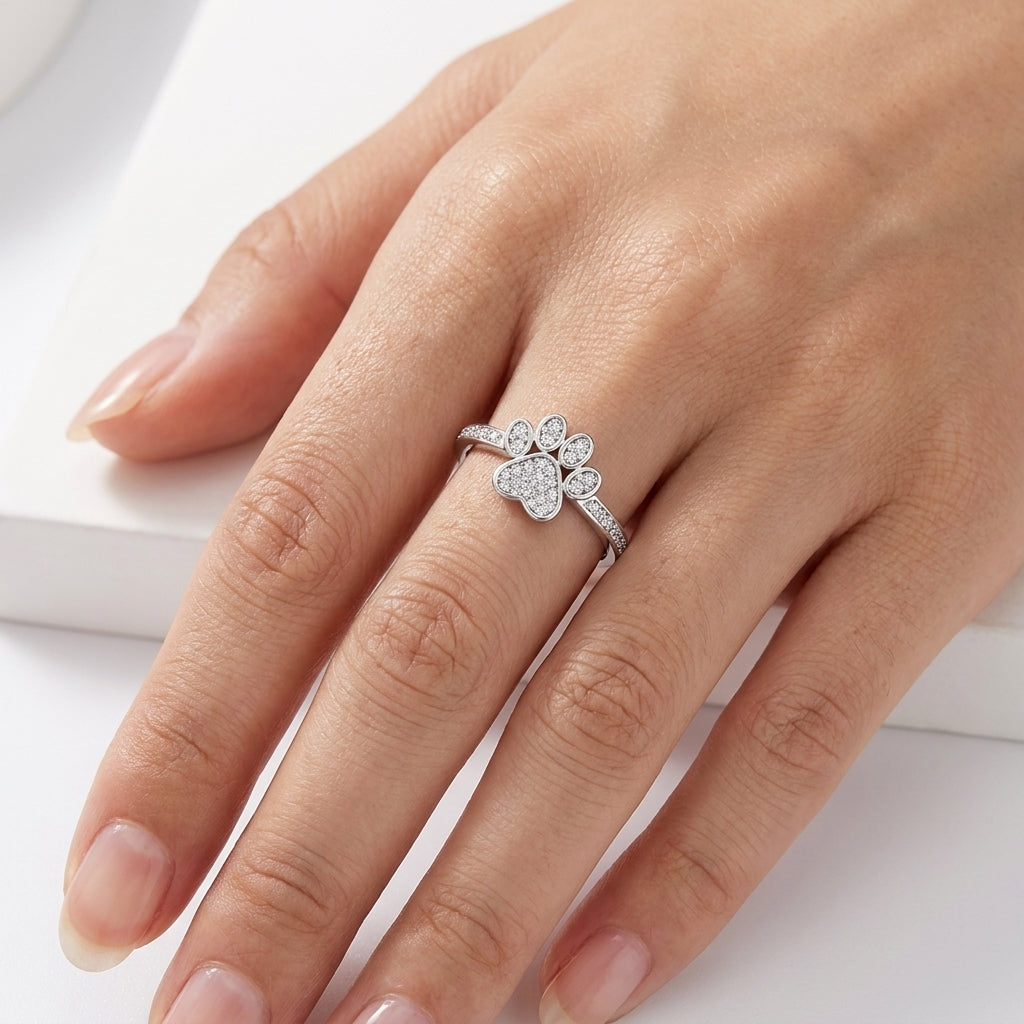 Paw Print Ring - Adjustable Pave Crystal Dog Paw Ring