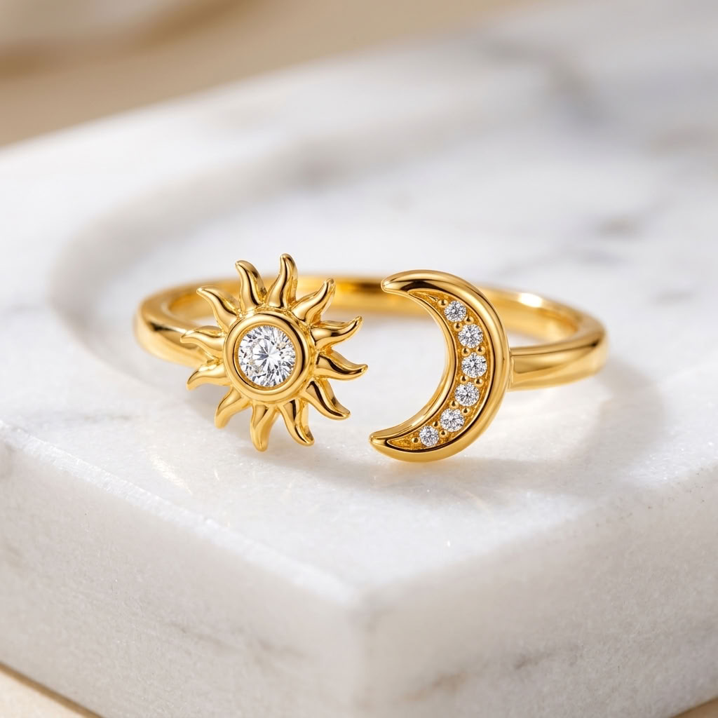 Sun and Moon Open Adjustable Celestial Ring for Women - 925 Sterling Silver