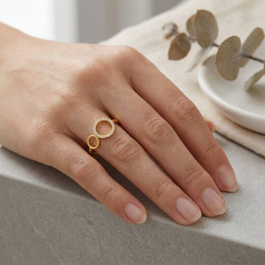 Double Circle Pave Crystal Ring for Women - 925 Sterling Silver