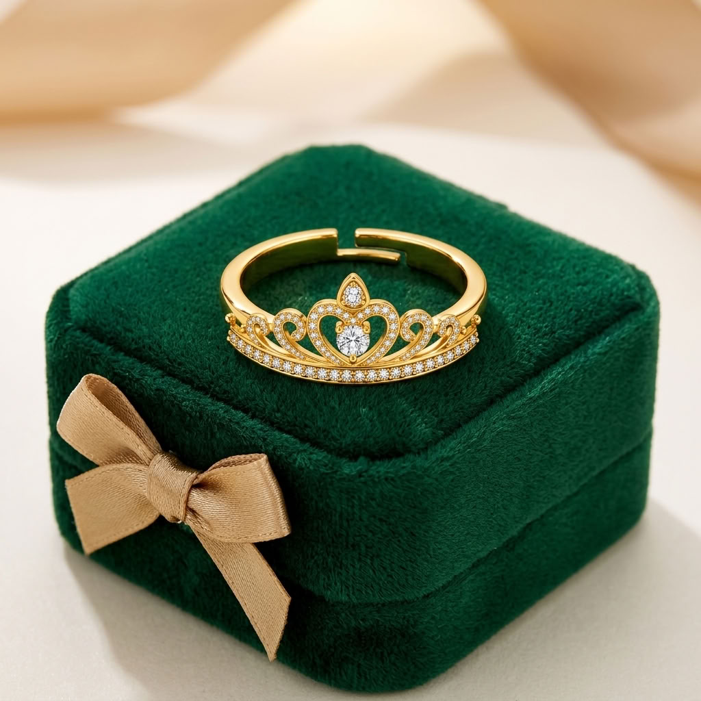 Tiara Crown Adjustable Pave Crystal Princess Ring for Women - 925 Sterling Silver