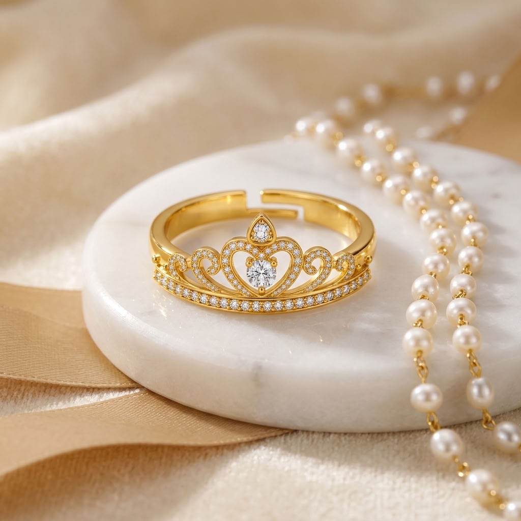 Tiara Crown Adjustable Pave Crystal Princess Ring for Women - 925 Sterling Silver