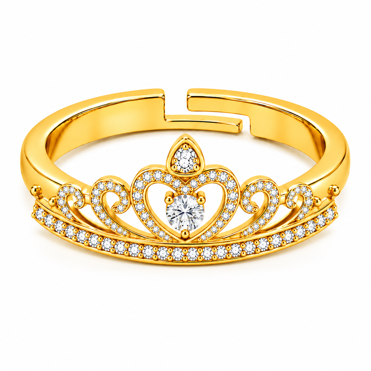 Tiara Crown Adjustable Pave Crystal Princess Ring for Women - 925 Sterling Silver