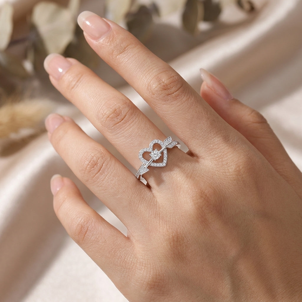 Cupid's Heart and Arrow Ring - Adjustable Pave Crystal Ring