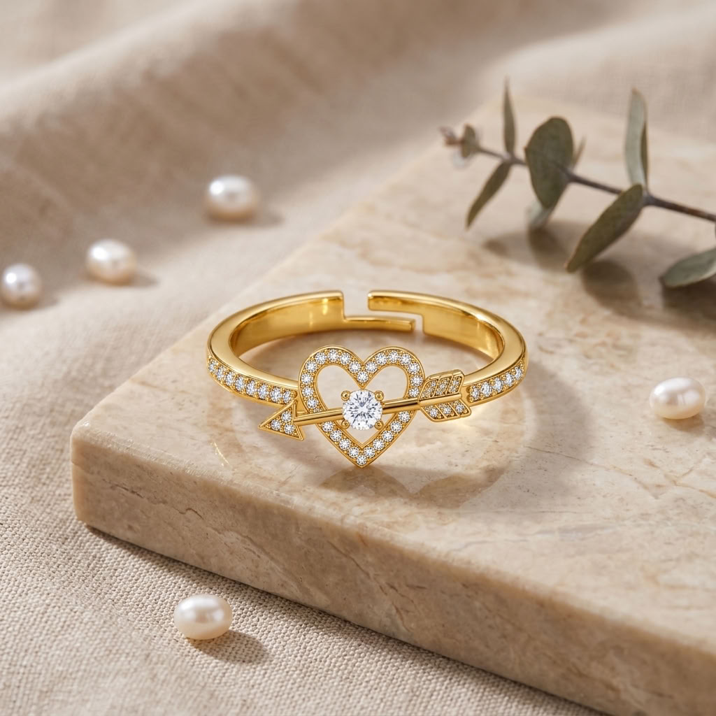 Cupid's Heart and Arrow Adjustable Pave Crystal Ring for Women - 925 Sterling Silver