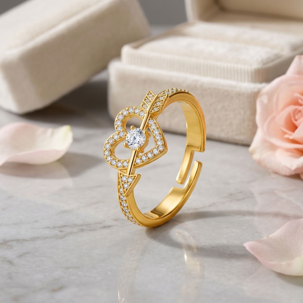 Cupid's Heart and Arrow Adjustable Pave Crystal Ring for Women - 925 Sterling Silver