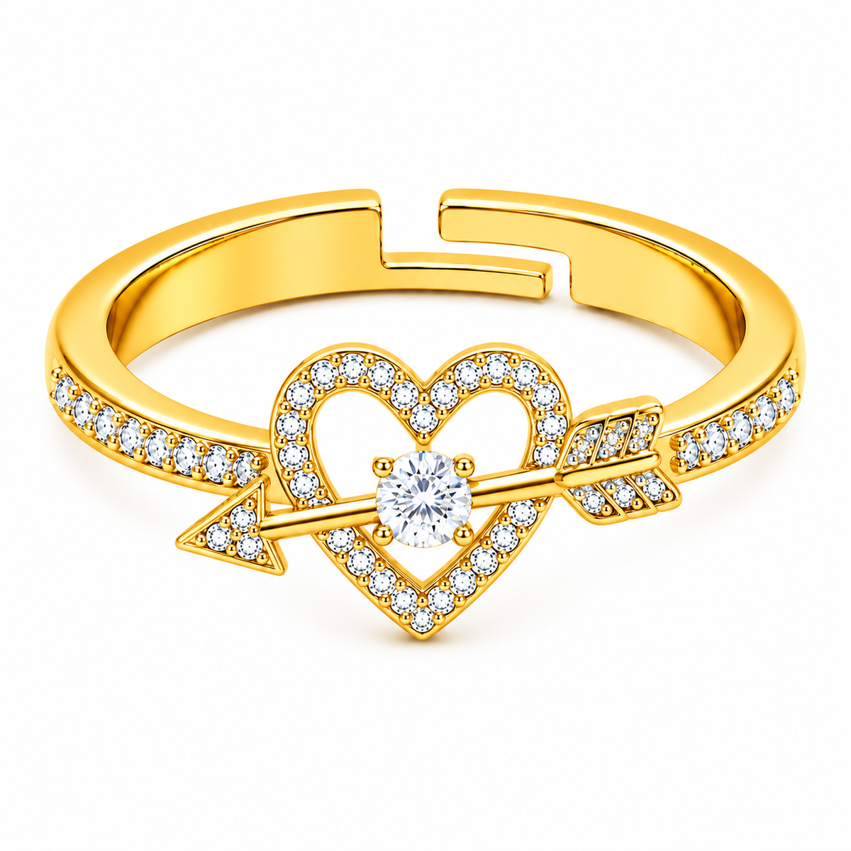 Cupid's Heart and Arrow Adjustable Pave Crystal Ring for Women - 925 Sterling Silver