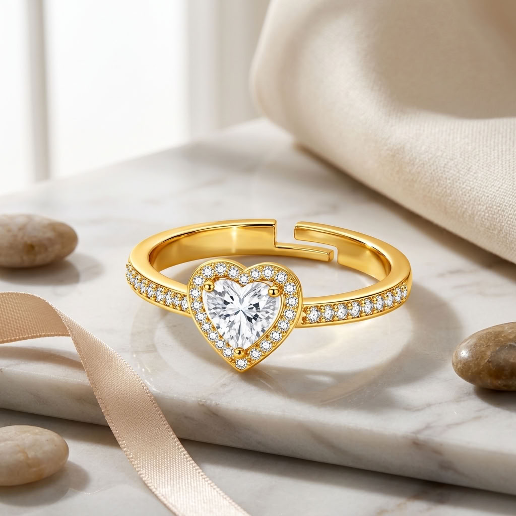 Heart Halo Adjustable Pave Crystal Heart Ring for Women - 925 Sterling Silver
