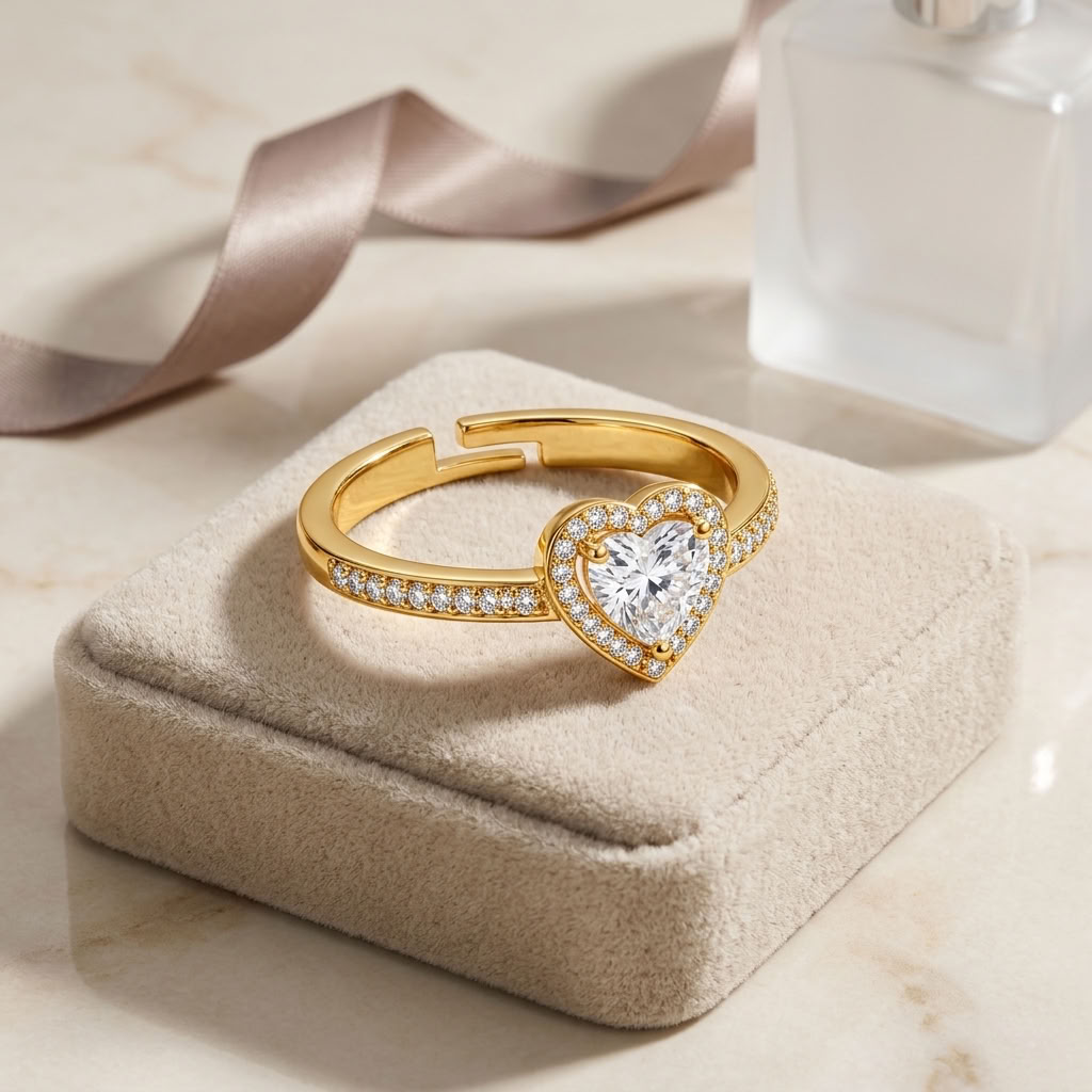 Heart Halo Adjustable Pave Crystal Heart Ring for Women - 925 Sterling Silver