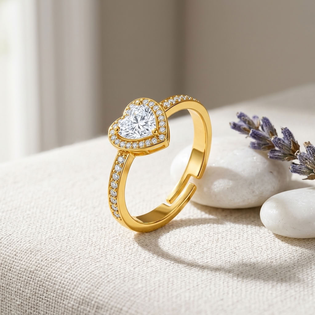 Heart Halo Adjustable Pave Crystal Heart Ring for Women - 925 Sterling Silver