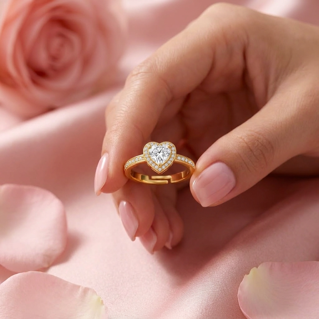 Heart Halo Adjustable Pave Crystal Heart Ring for Women - 925 Sterling Silver