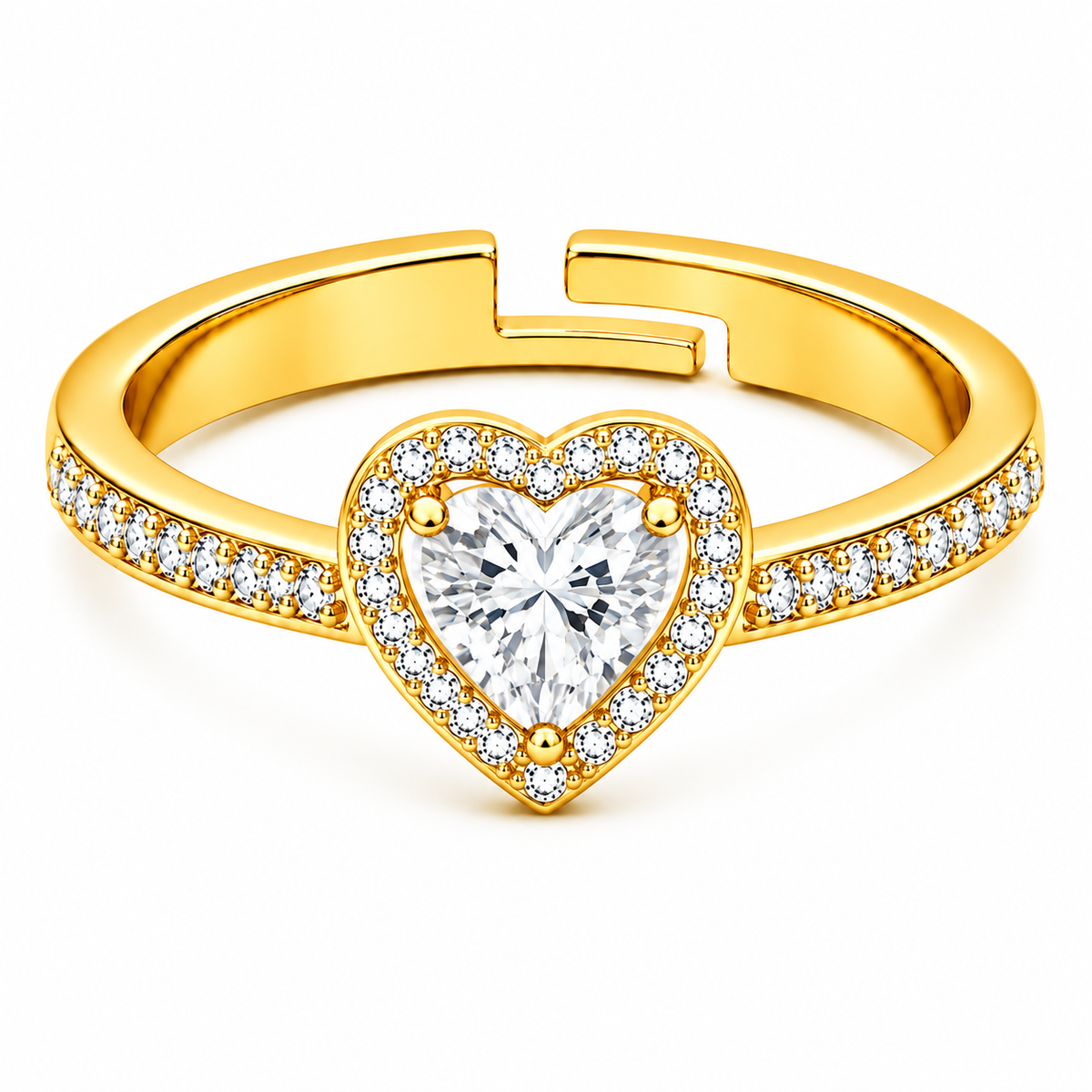 Heart Halo Adjustable Pave Crystal Heart Ring for Women - 925 Sterling Silver