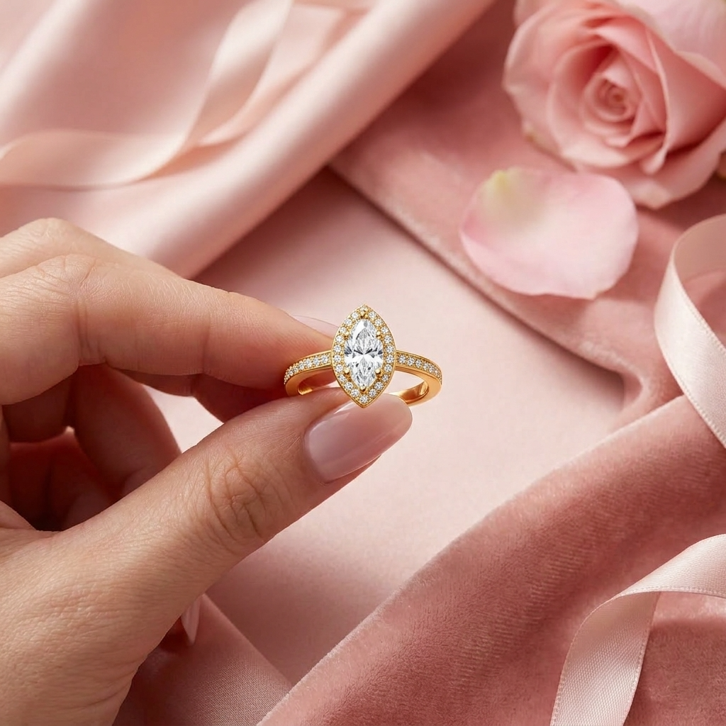 Marquise Halo Adjustable Pave Crystal Ring for Women - 925 Sterling Silver