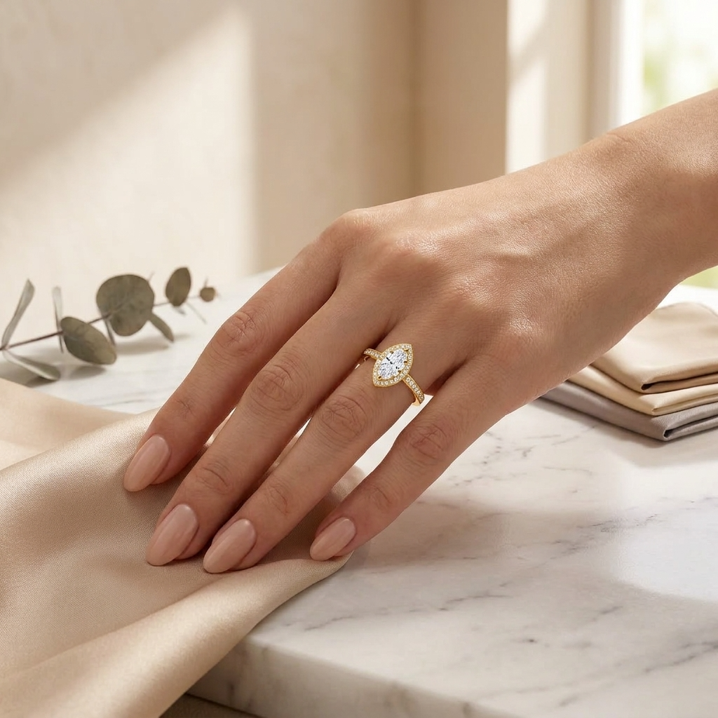 Marquise Halo Adjustable Pave Crystal Ring for Women - 925 Sterling Silver