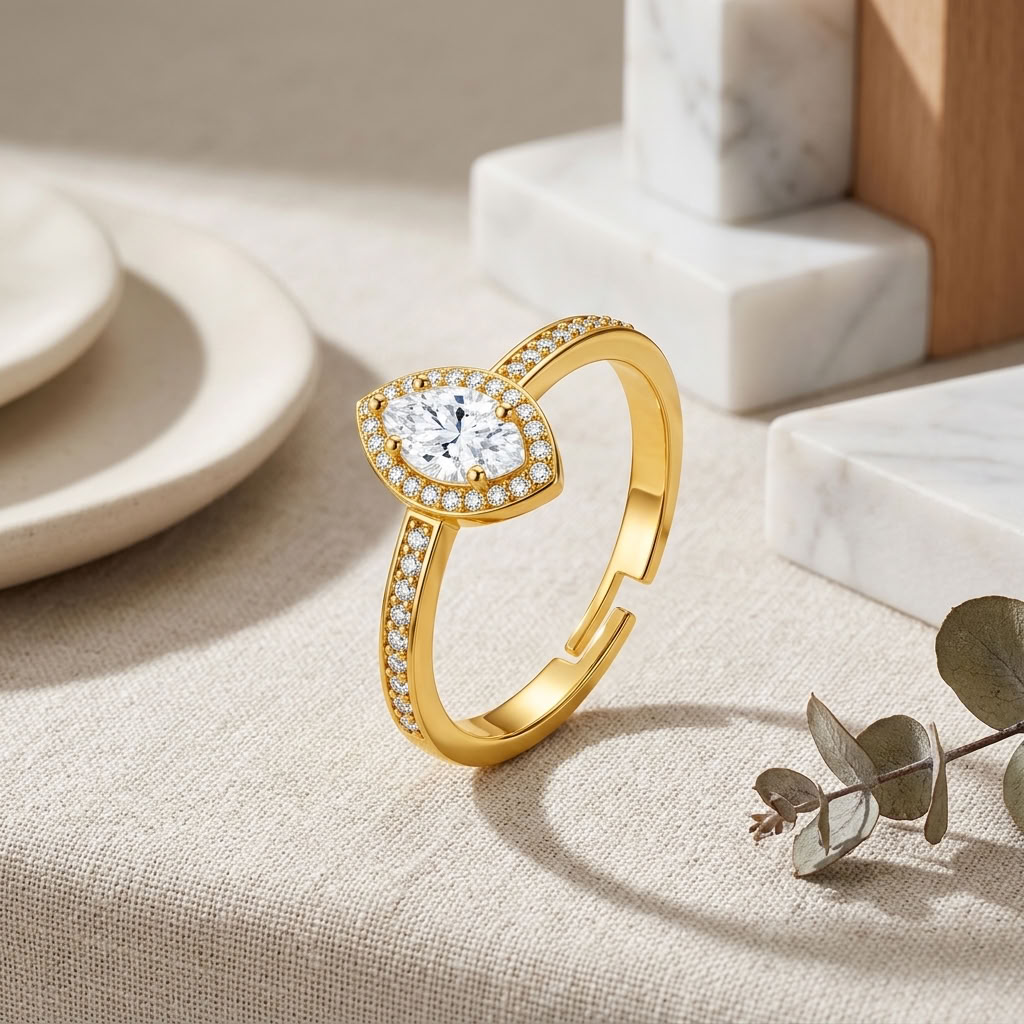 Marquise Halo Adjustable Pave Crystal Ring for Women - 925 Sterling Silver