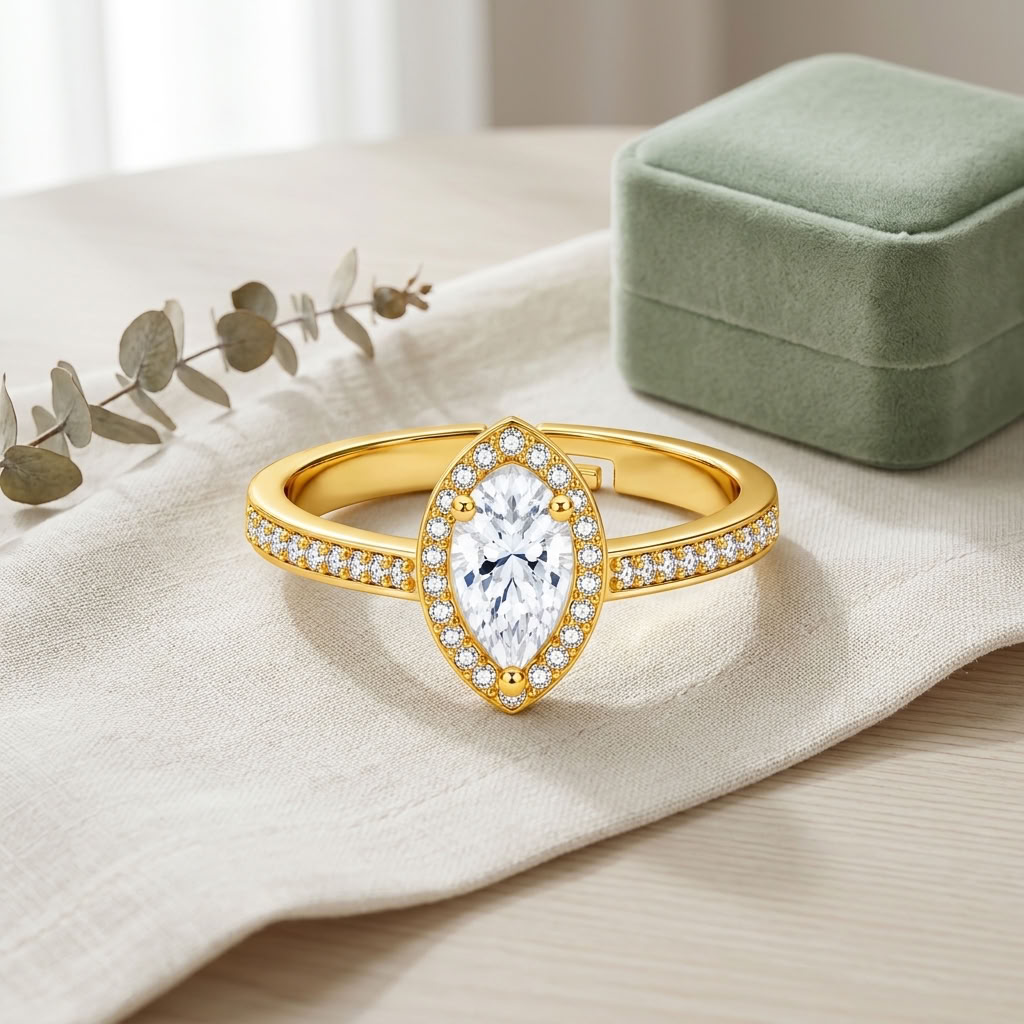 Marquise Halo Adjustable Pave Crystal Ring for Women - 925 Sterling Silver