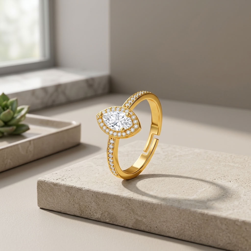Marquise Halo Adjustable Pave Crystal Ring for Women - 925 Sterling Silver