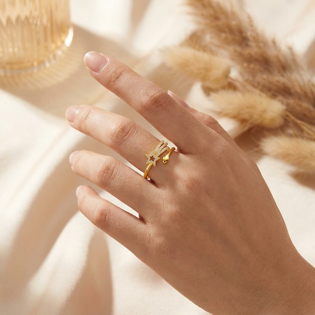 Shooting Star Open Adjustable Pave Crystal Ring for Women - 925 Sterling Silver