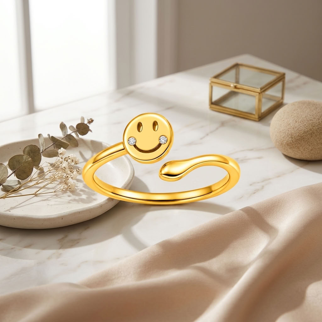 Smiley Face Open Adjustable Happy Face Ring for Women - 925 Sterling Silver